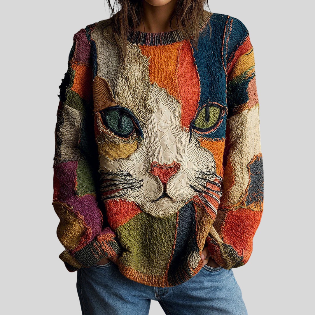Woman wearing multicolor cat print relaxed fit top