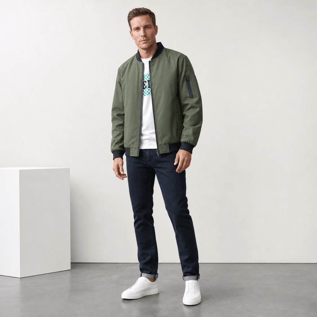 Men's bomber jacket with sleeve zip pocket