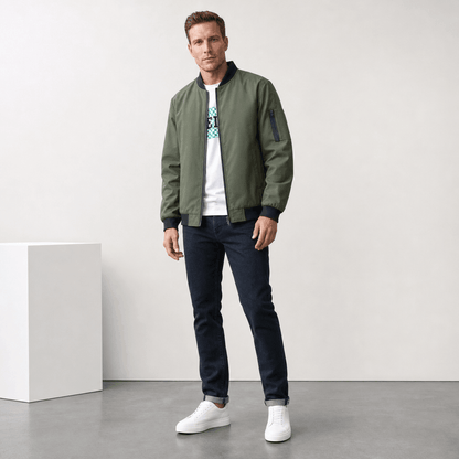 Men's bomber jacket with sleeve zip pocket