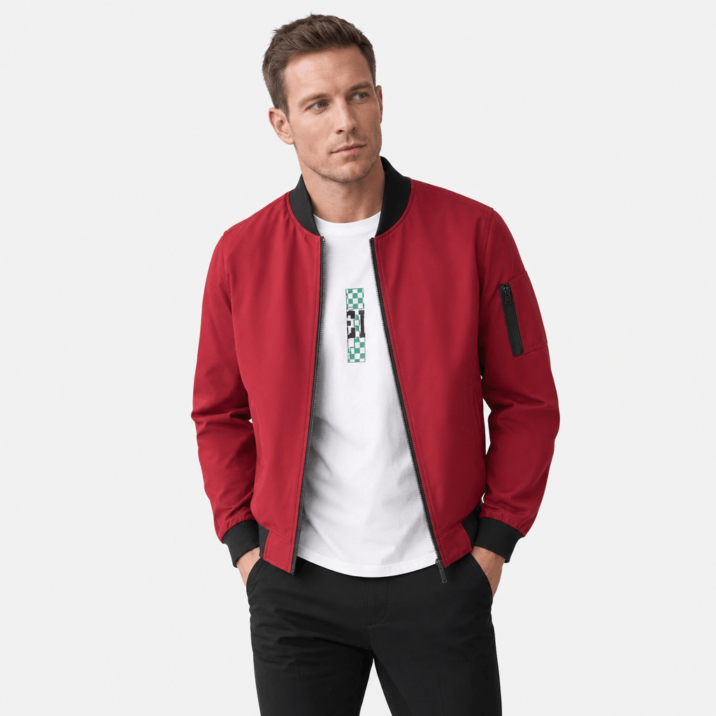 Men's bomber jacket with sleeve zip pocket - red