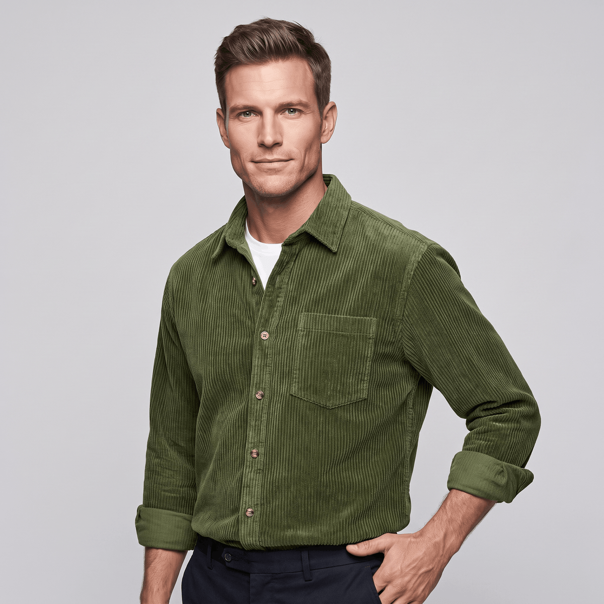 Cotton Corduroy Shirt in Relaxed Cut for Men - green