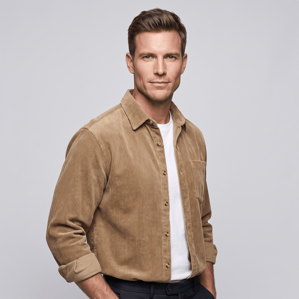Cotton Corduroy Shirt in Relaxed Cut for Men - khaki