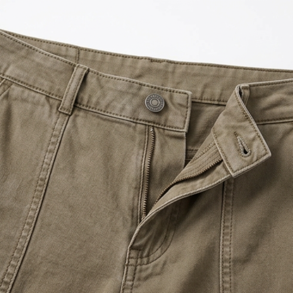 Woman wearing high waist tailored utility pants with pockets