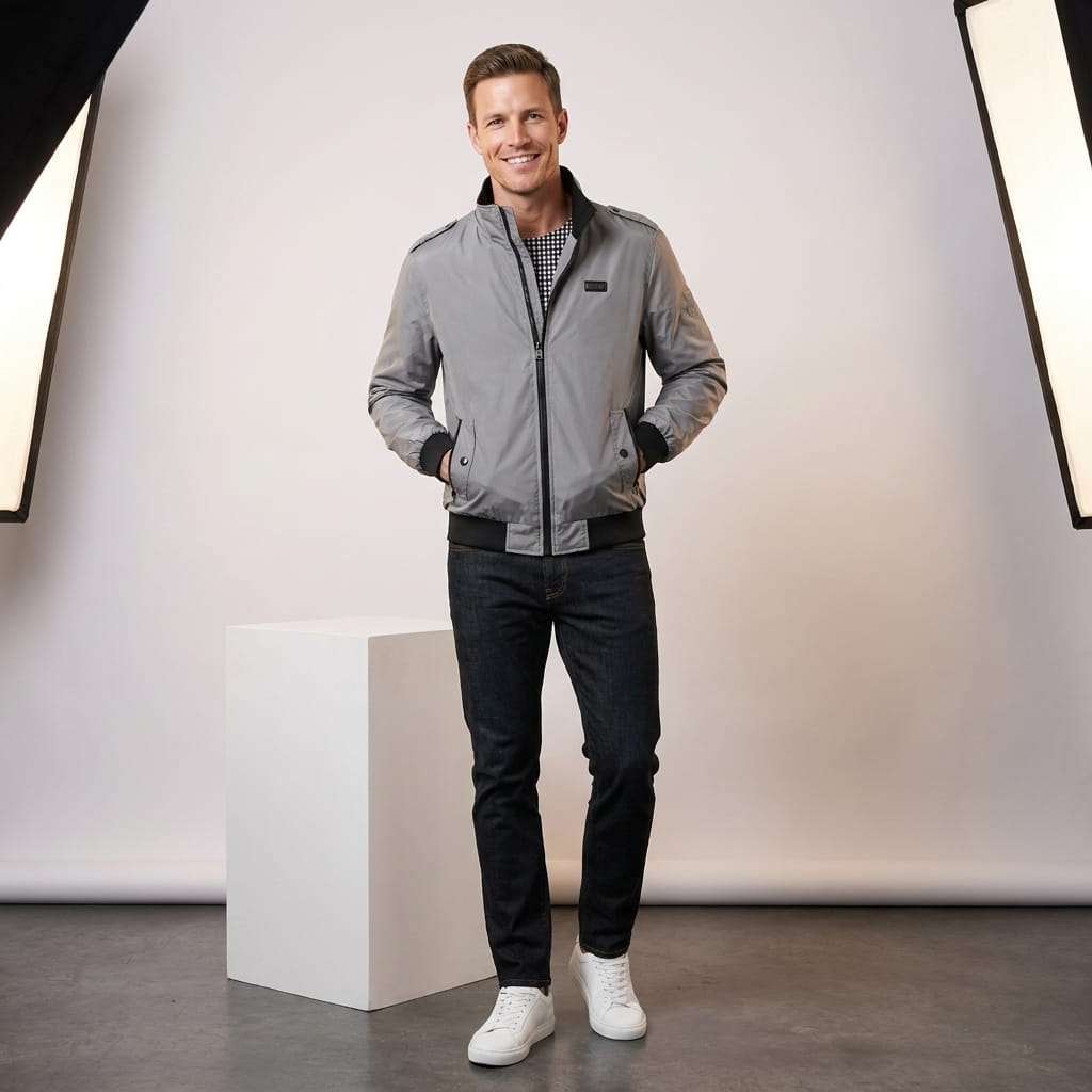 Men's stand collar bomber jacket with epaulettes