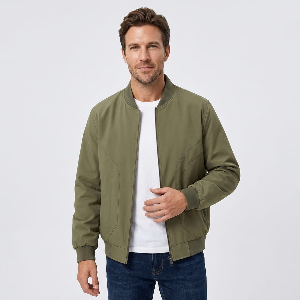Men's zip up bomber jacket with ribbed cuffs - green