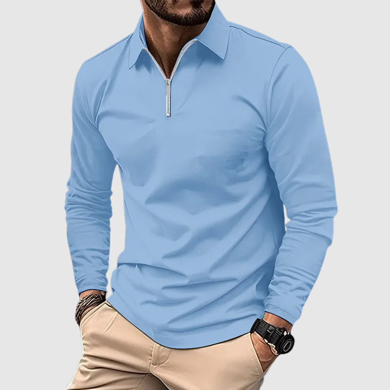Zip Up Long Sleeve Shirt with Striped Trim for Men - light blue