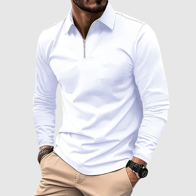 Zip Up Long Sleeve Shirt with Striped Trim for Men - white