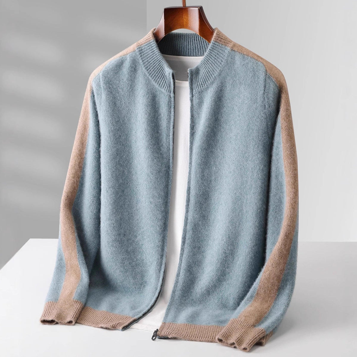 Cashmere Blend Zip Up Knit Jacket for Men - coastal blue