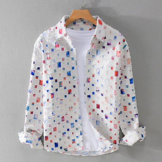 Collared Shirt with Abstract Print for Men - white