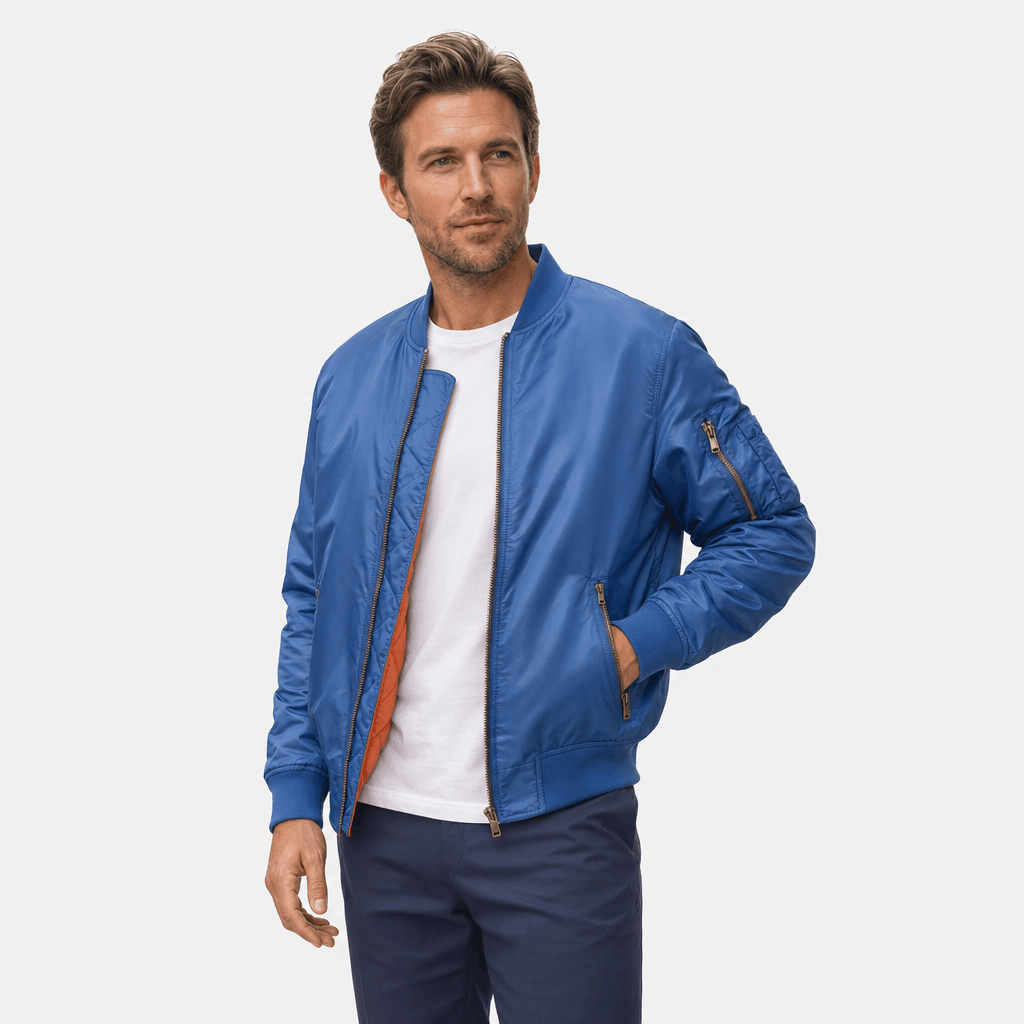 Men's quilted bomber jacket with utility pockets - blue