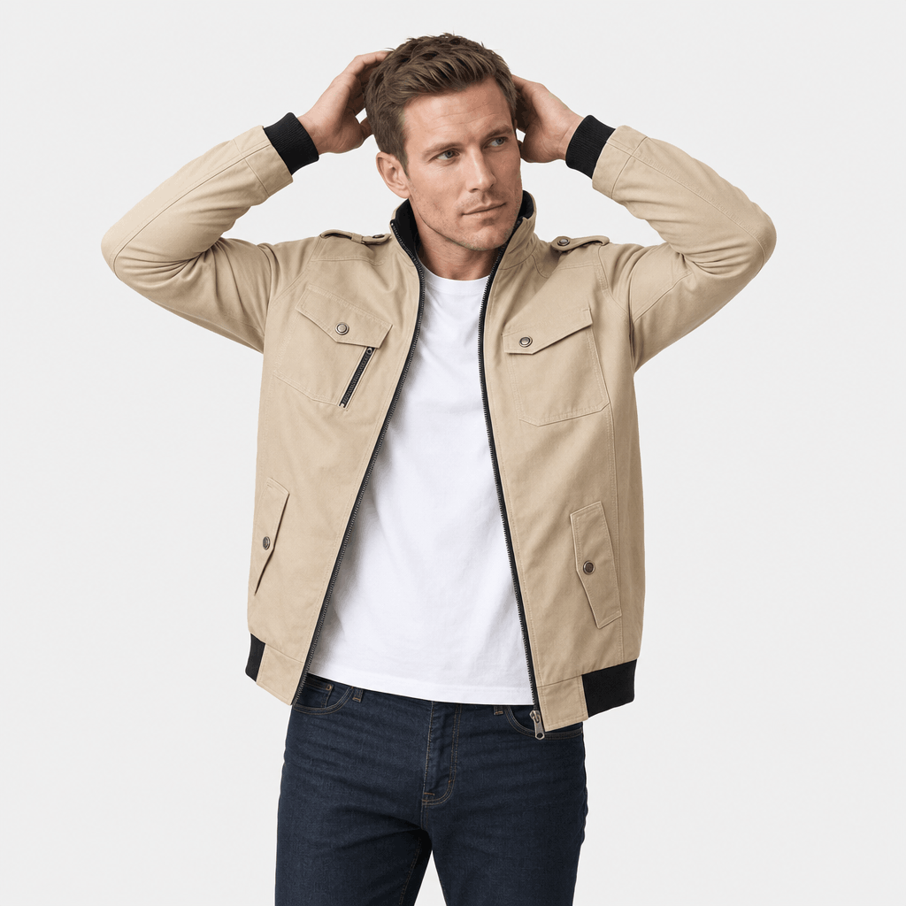 Men's utility bomber jacket with four flap pockets - khaki