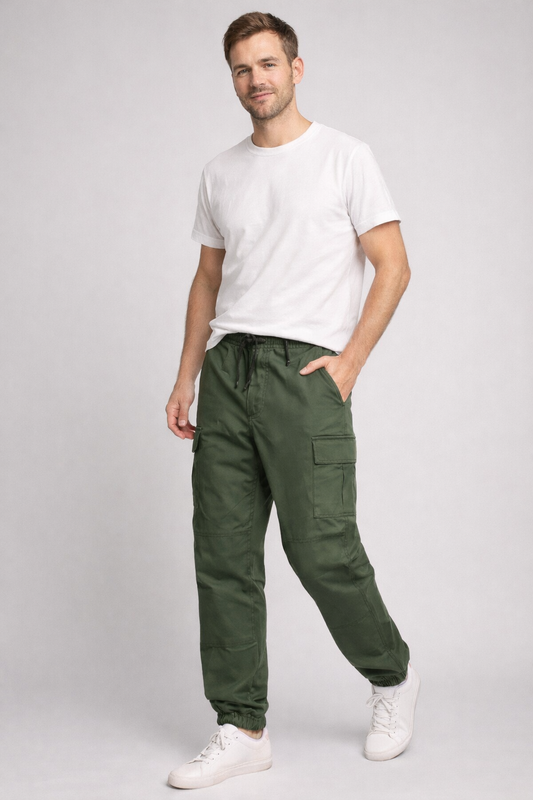 Men's cropped cargo pants with elasticated waist - green