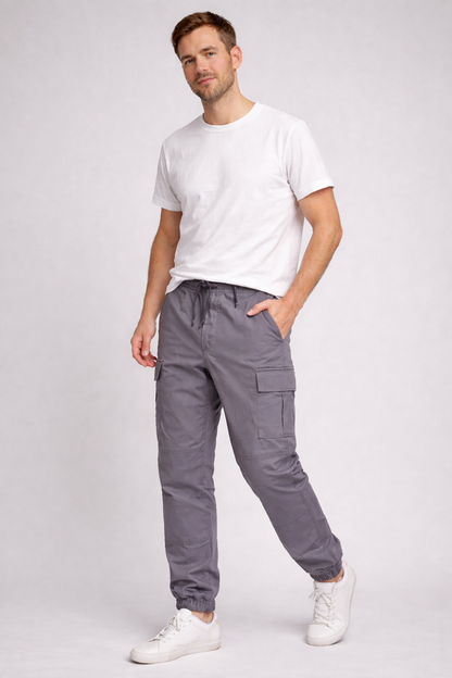 Men's cropped cargo pants with elasticated waist - gray