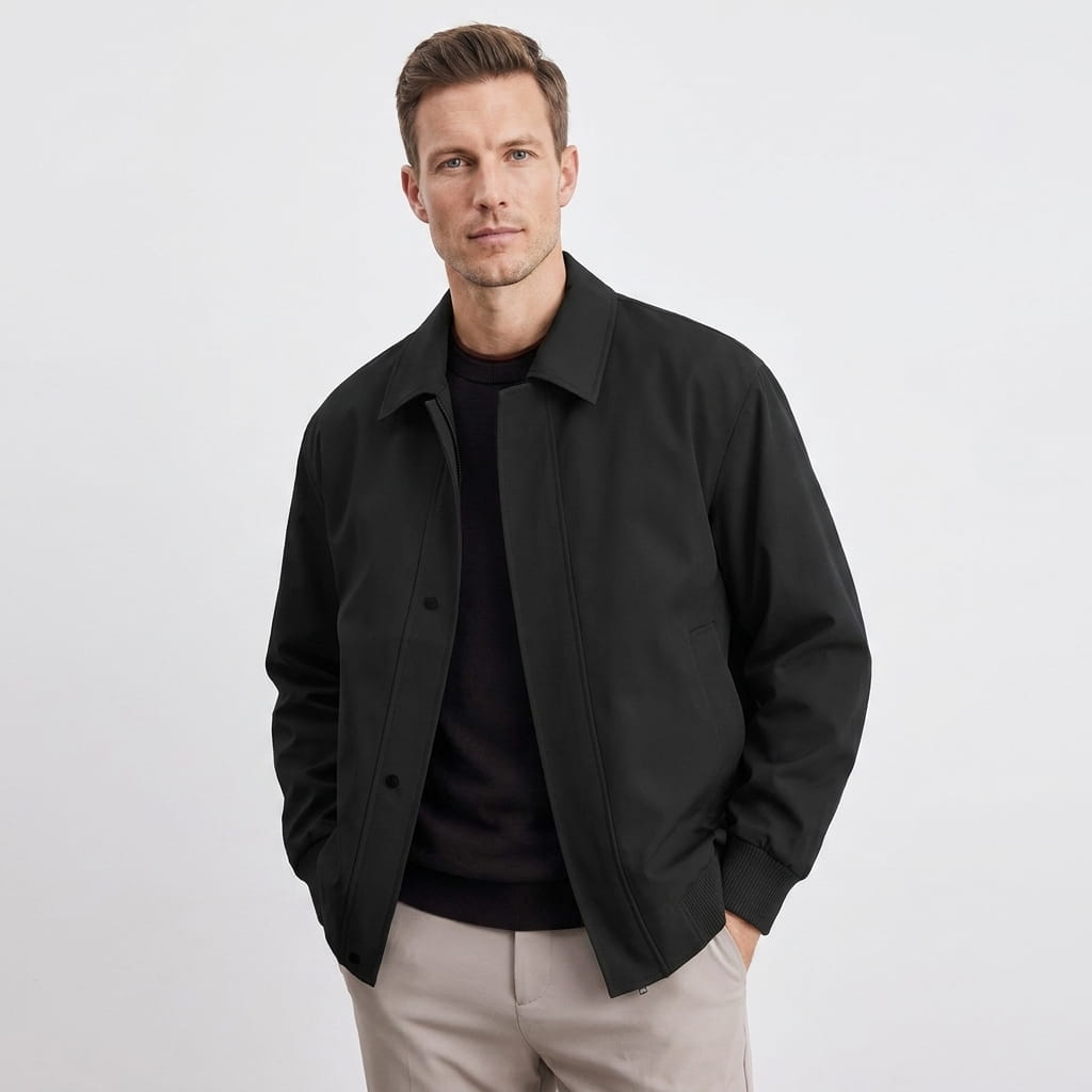 Men's bomber jacket with turn down collar - black