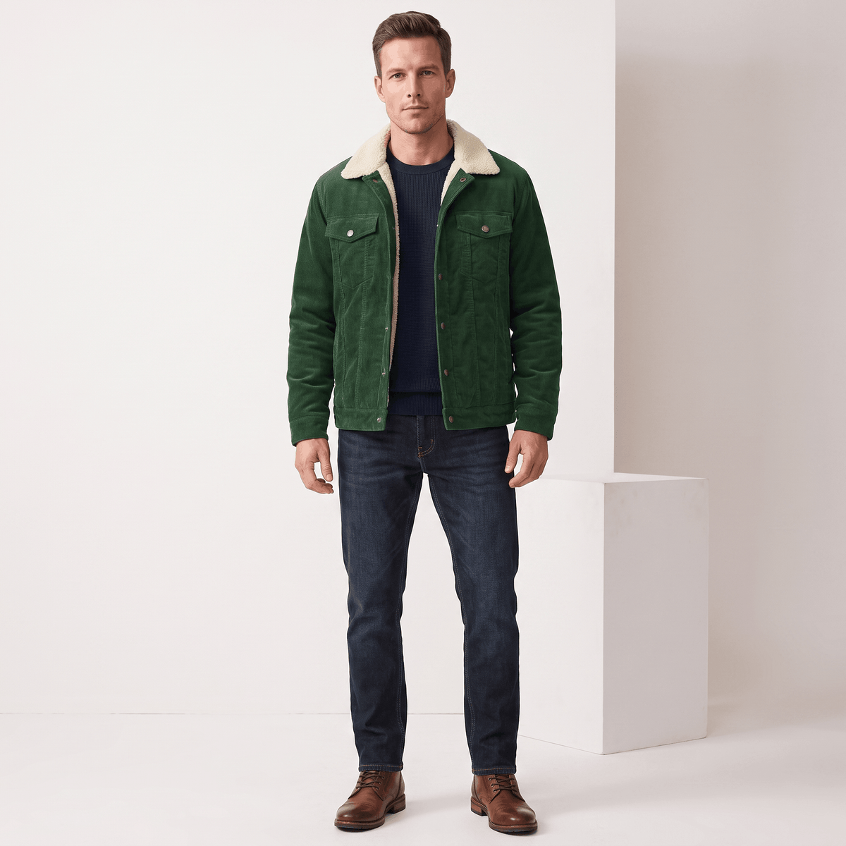 Men's sherpa lined corduroy jacket with turn down collar