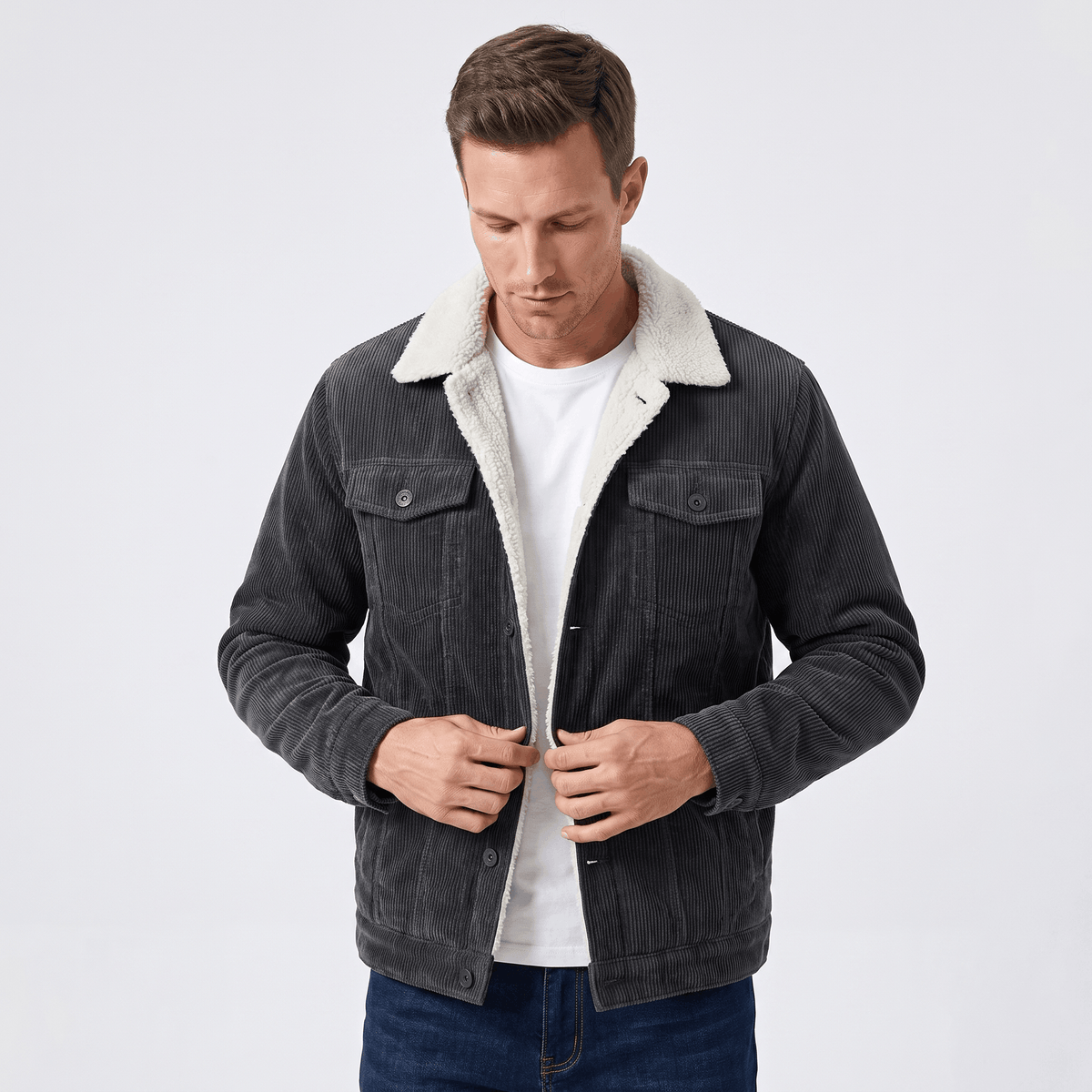 Corduroy jacket for men with sherpa lining - gray