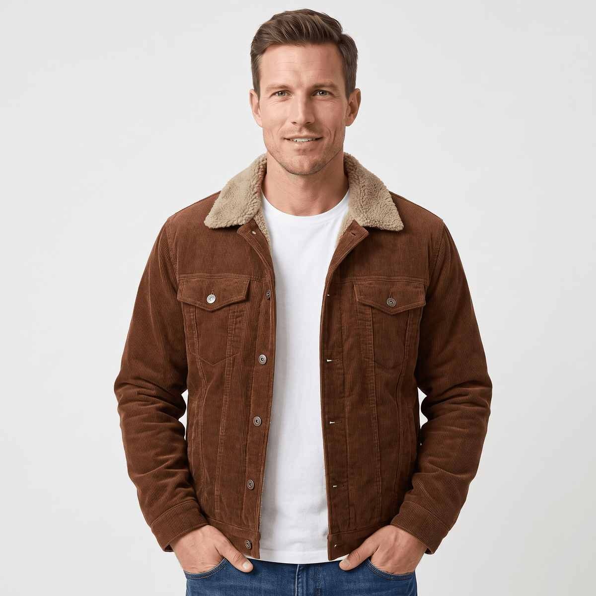 Men's sherpa lined corduroy jacket with turn down collar - taupe