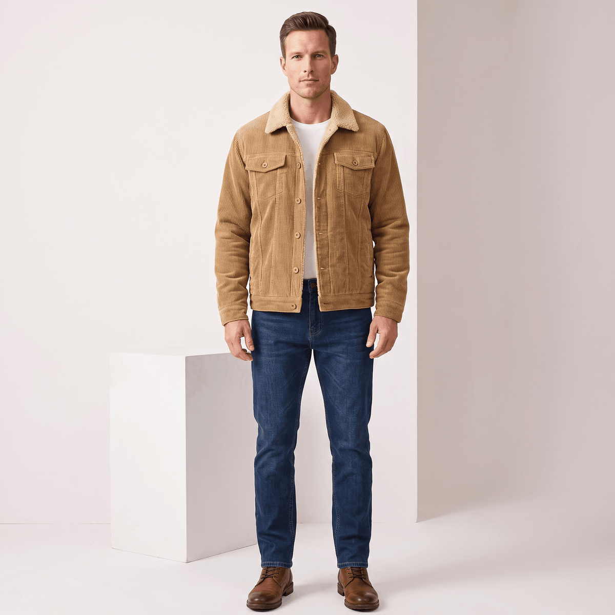 Men's sherpa lined corduroy jacket with turn down collar
