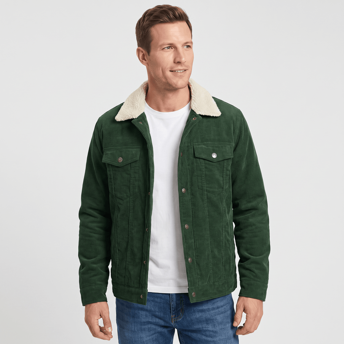 Corduroy jacket for men with sherpa lining - green