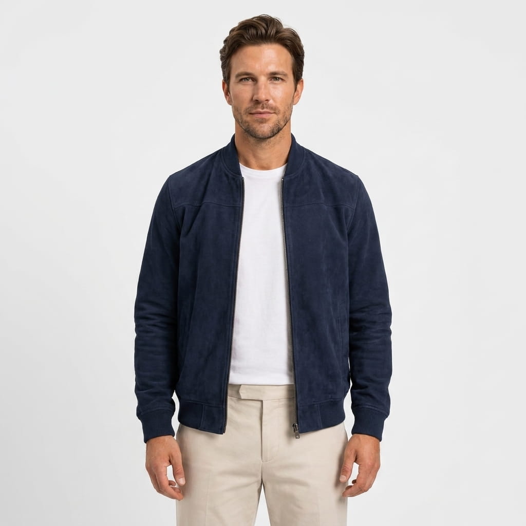 Men's suede effect bomber jacket with rib collar - blue