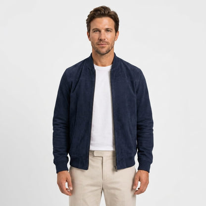 Men's suede effect bomber jacket with rib collar - blue
