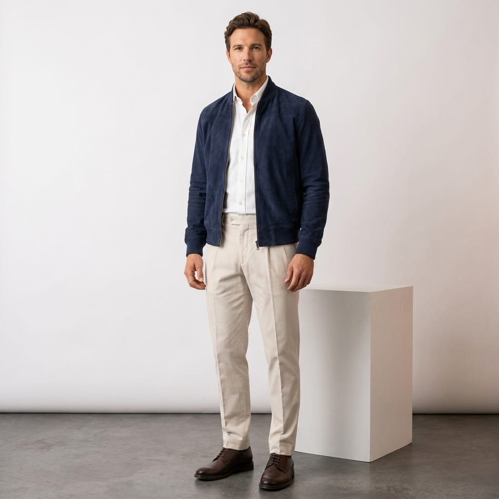 Men's suede effect bomber jacket with rib collar