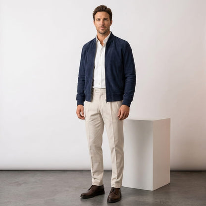 Men's suede effect bomber jacket with rib collar