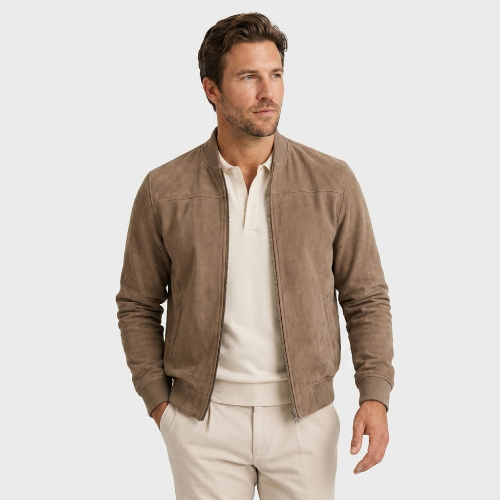 Men's suede effect bomber jacket with rib collar - brown