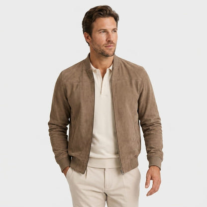 Men's suede effect bomber jacket with rib collar - brown