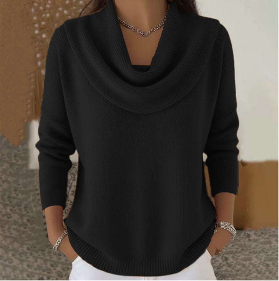 Woman wearing relaxed cowl neck knit sweater