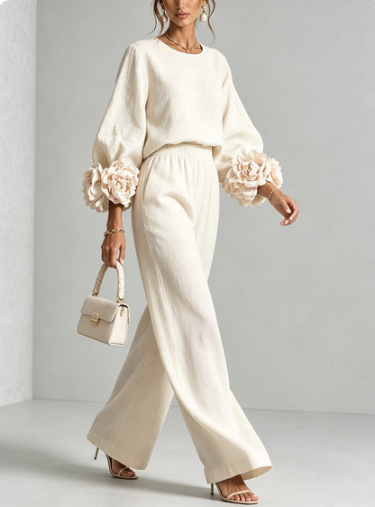 Women's floral two-piece set with balloon sleeves and wide-leg pants