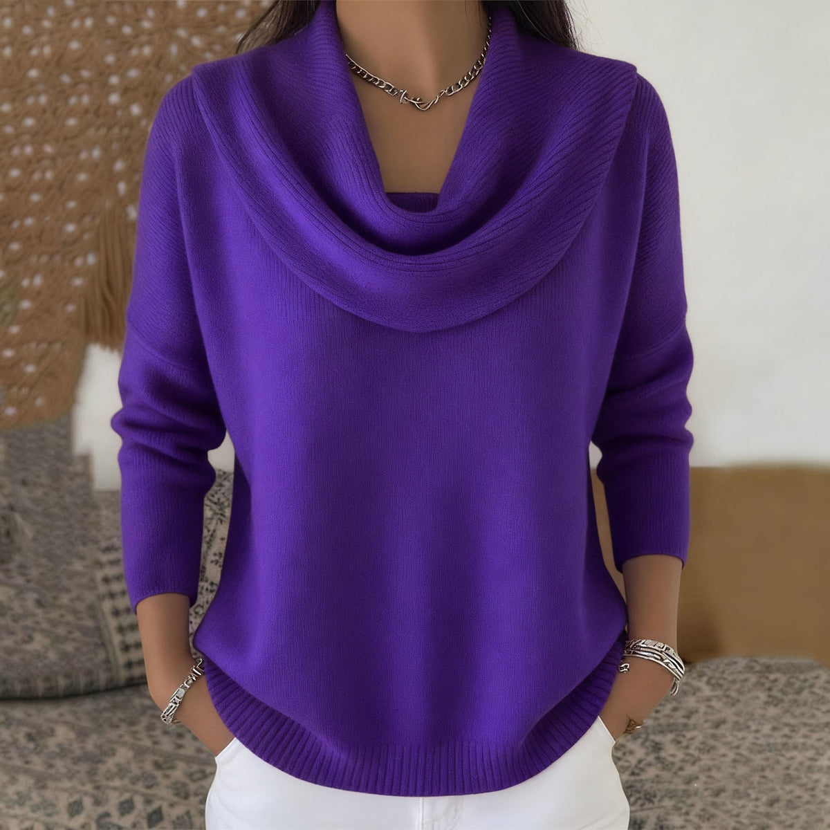Women's cowl neck knit sweater with long sleeves and relaxed fit