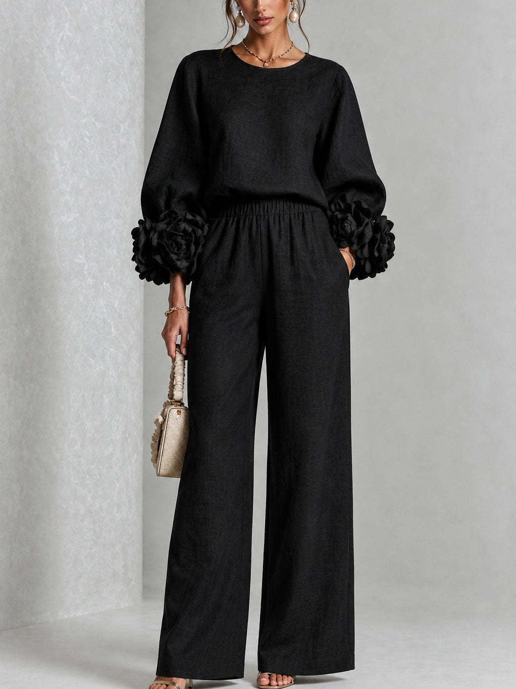Women's floral two-piece set with balloon sleeves and wide-leg pants