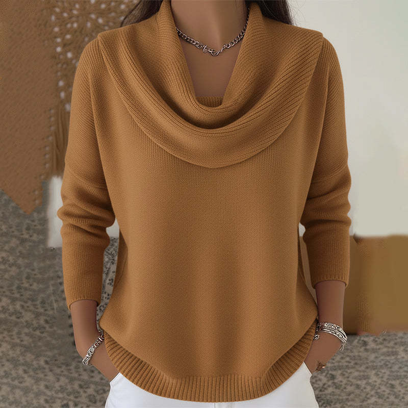 Women's cowl neck knit sweater with long sleeves and relaxed fit