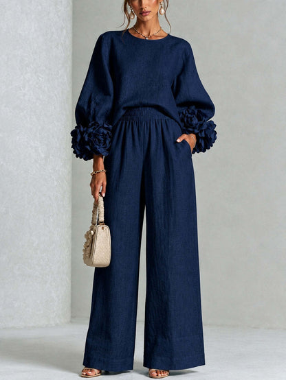 Women's floral two-piece set with balloon sleeves and wide-leg pants