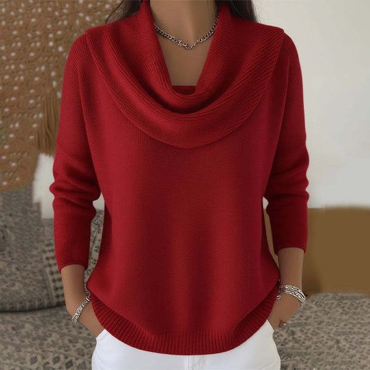 Woman wearing relaxed cowl neck knit sweater