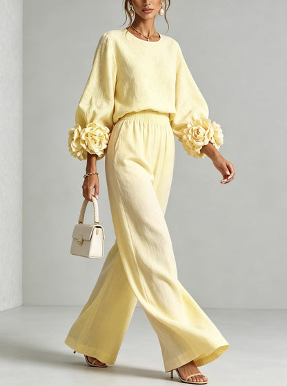 Women's floral two-piece set with balloon sleeves and wide-leg pants