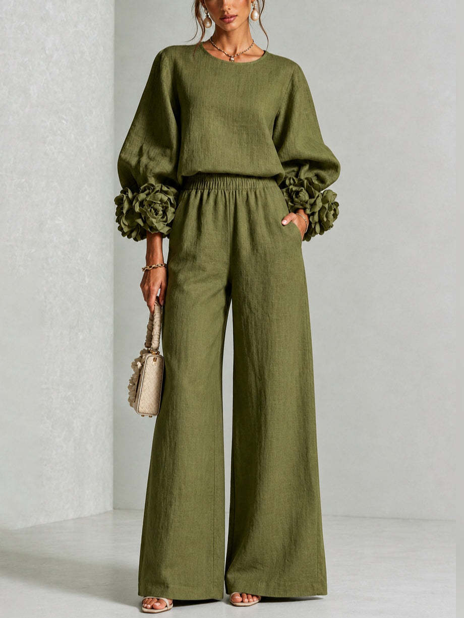 Women's floral two-piece set with balloon sleeves and wide-leg pants