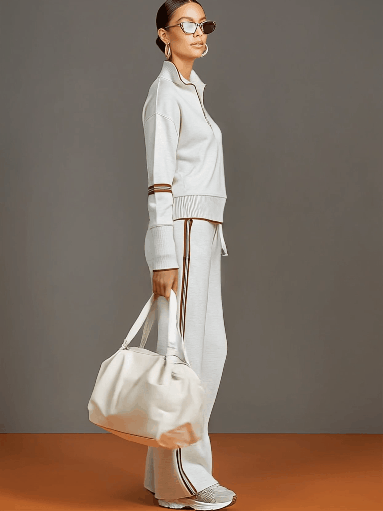 Woman wearing relaxed blouse and wide leg pants set
