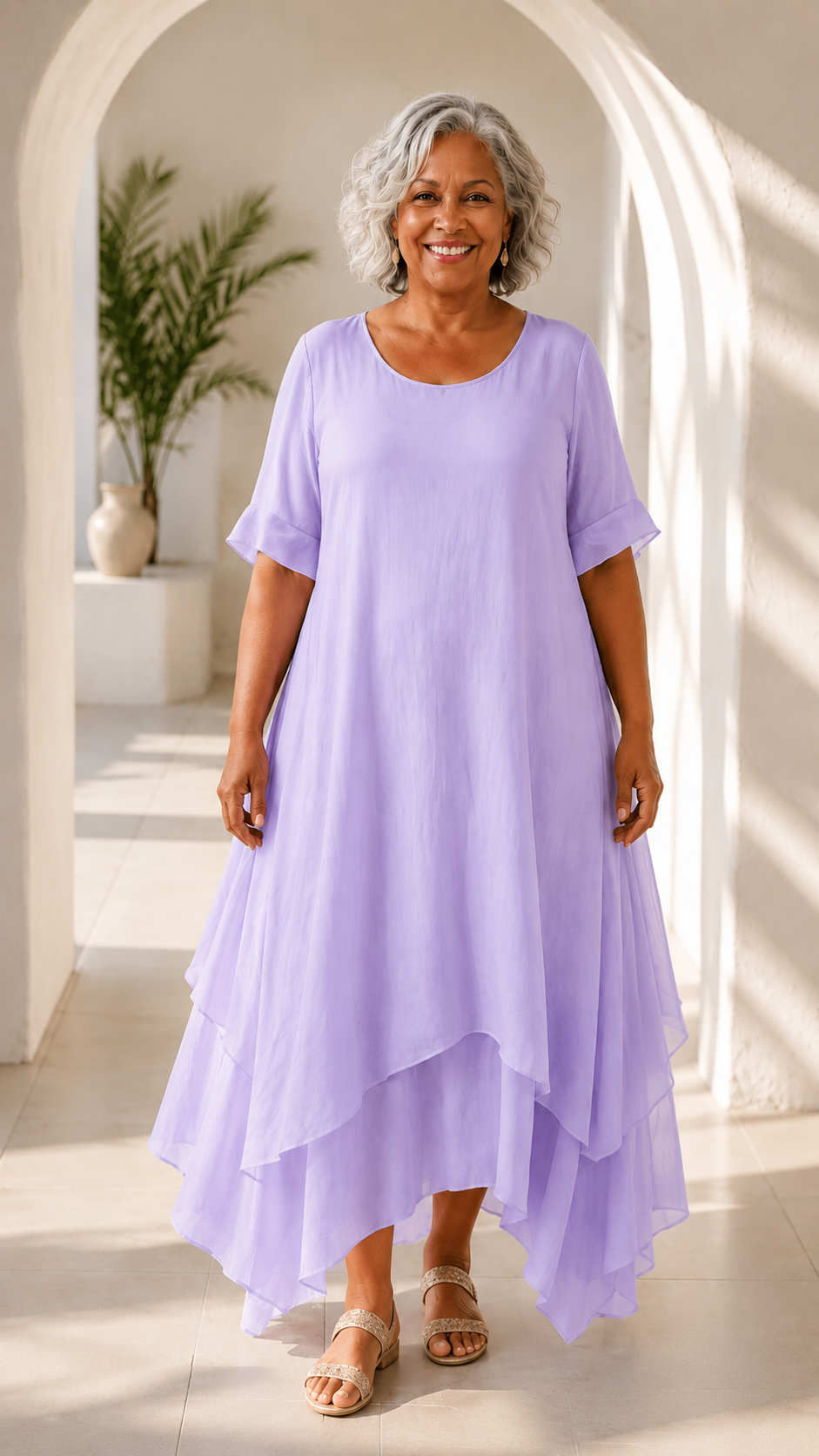 Woman wearing flowing maxi dress with open neckline
