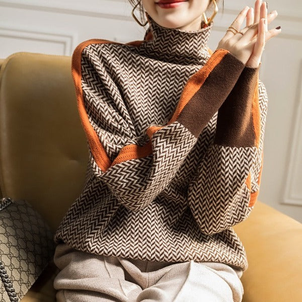 Brigitte - High-Neck Contrast-Sleeve Sweater
