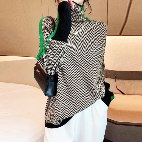 Brigitte - High-Neck Contrast-Sleeve Sweater