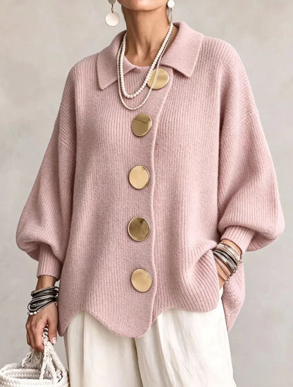 Woman wearing oversized cardigan with lantern sleeves