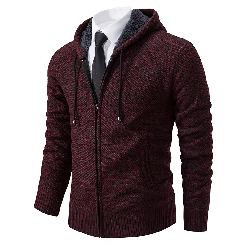 Fleece-lined zip cardigan for men with stand collar - wine red