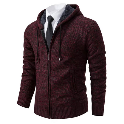 Fleece-lined zip cardigan for men with stand collar - wine red