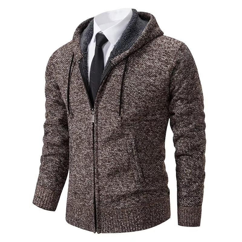 Fleece-lined zip cardigan for men with stand collar - coffee