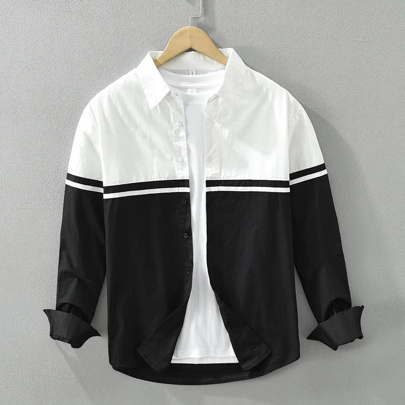 Paneled Long Sleeve Button Up Shirt for Men - black & white