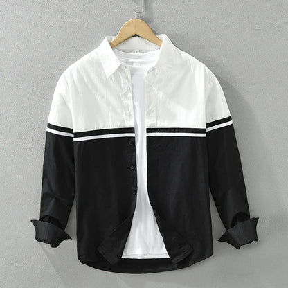 Paneled Long Sleeve Button Up Shirt for Men - black & white