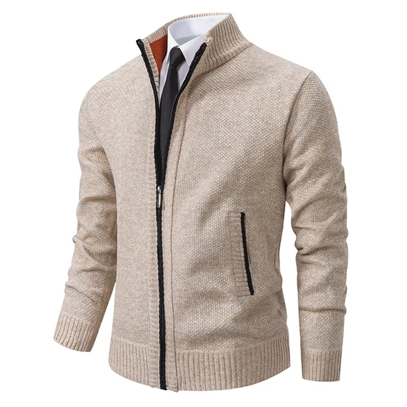 Fleece-lined zip cardigan for men with stand collar