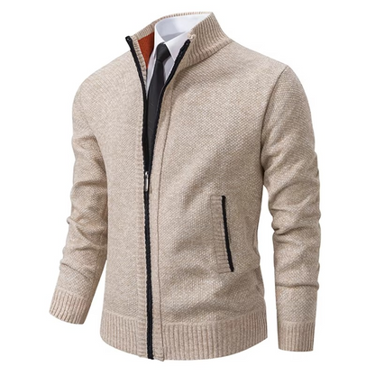 Fleece-lined zip cardigan for men with stand collar